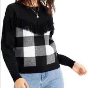 NWT Bar lll Buffalo Check Print Fringe Detail Sweater